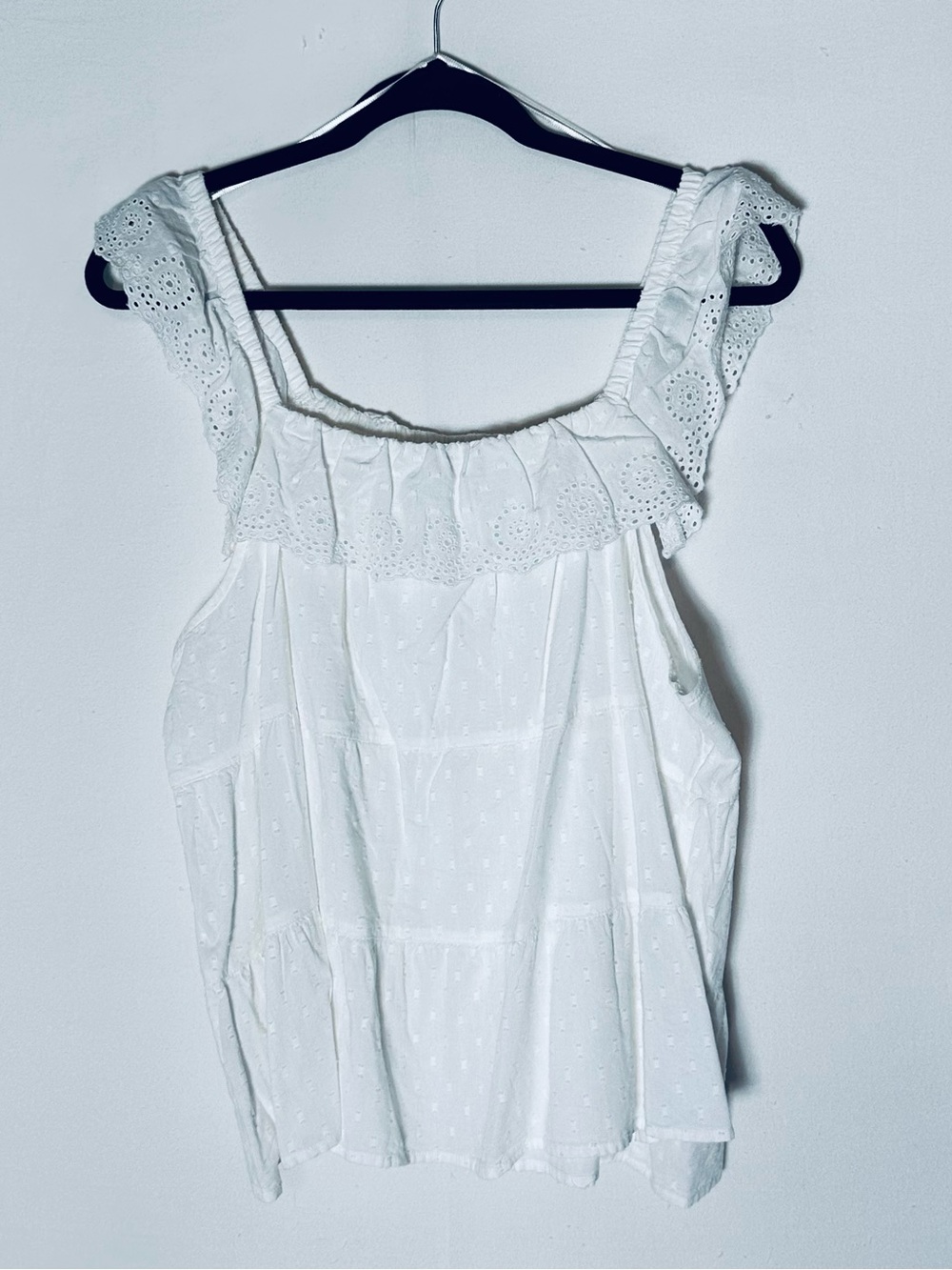 Old Navy White Cotton Blend Eyelet Ruffle Flutter Sleeve Tiered Tank XL Boho